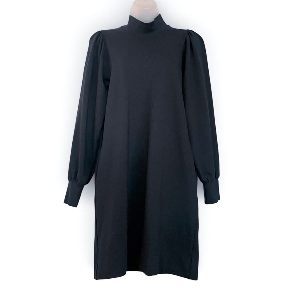 Ann Mashburn Navy Blue Ponte Knit Puff Sleeve Mock Neck Shift Mini Dress Size S